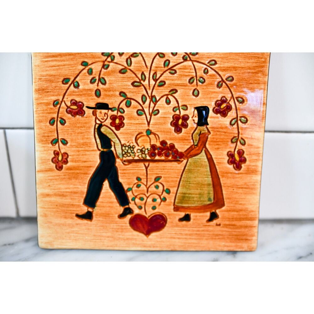 Vtg Pennsbury Pottery Ceramic Tile /Trivet "Harvest" Amish Folk Art 6"